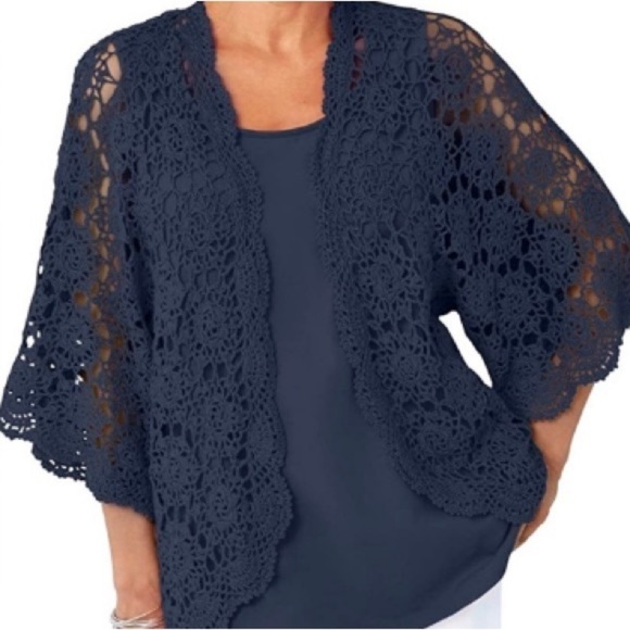 Jessica London Plus Size Navy Blue Open Crotchet Cardigan Sweater 3X granny - Picture 1 of 12